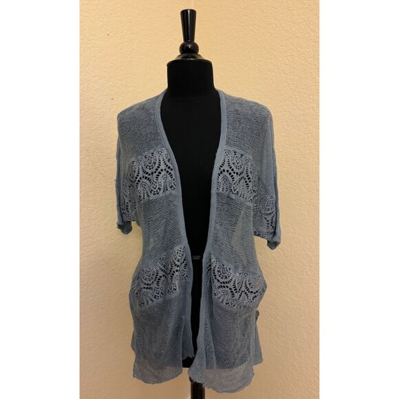 Chico's NWT Blue Gray Crochet Open Short Sleeve Cardigan - Sz 0 (S/4) - Picture 1 of 12